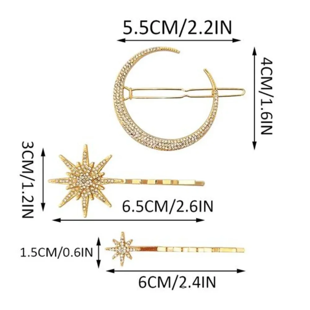 Moon Star Hair Clips Gold Stars Hair pins Crystal Celestial Hair